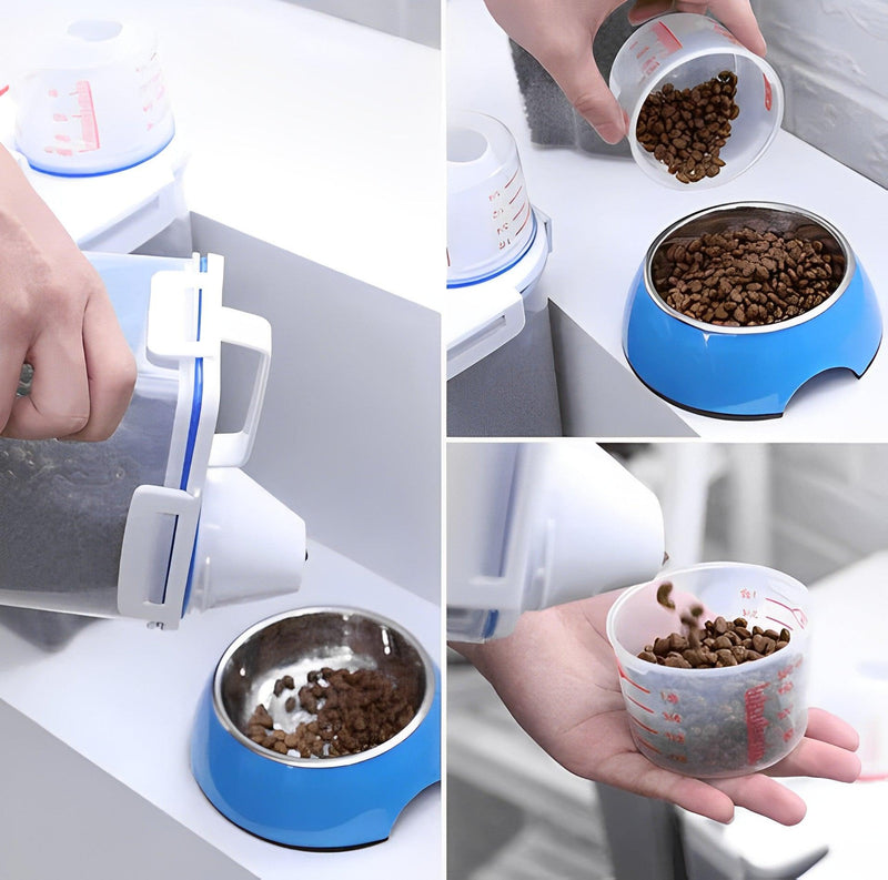 dosador de ração, pet, armazenador de ração pet, armazenador de ração para cachorro, pote de ração pet, recipiente para armazenar ração, recipiente hermético para ração, mundo miauauau, miauauau